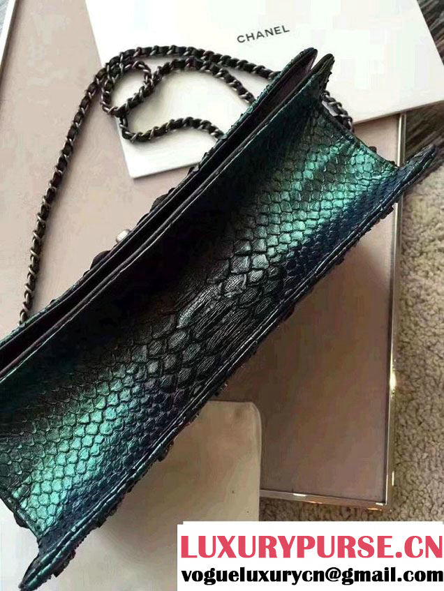 Chanel Chevron Embroidered Python Chain Clutch Bag A94457 Green 2016