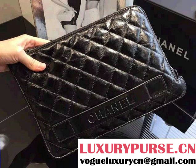 Chanel Metallic Crumpled Lambskin Pouch Small Clutch Bag A82500 Black 2016