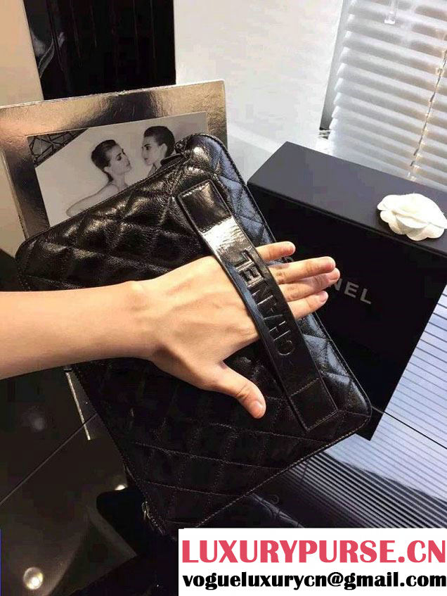 Chanel Metallic Crumpled Lambskin Pouch Small Clutch Bag A82500 Black 2016