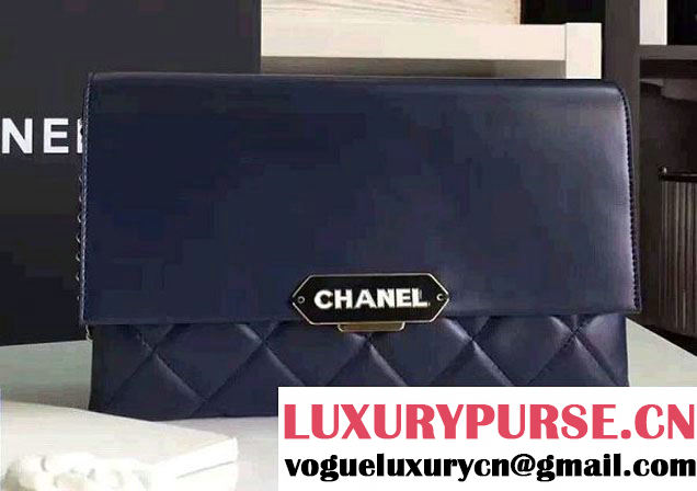 Chanel Lambskin Retro Label Chain Clutch Bag A93625 Navy Blue 2016