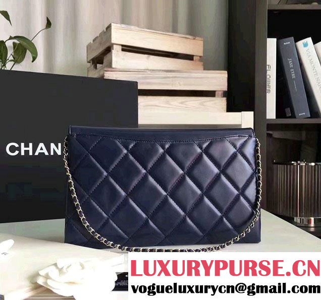 Chanel Lambskin Retro Label Chain Clutch Bag A93625 Navy Blue 2016