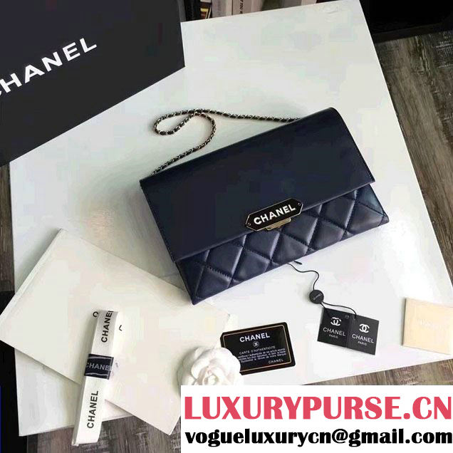 Chanel Lambskin Retro Label Chain Clutch Bag A93625 Navy Blue 2016