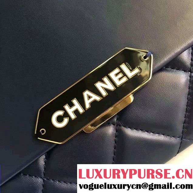 Chanel Lambskin Retro Label Chain Clutch Bag A93625 Navy Blue 2016