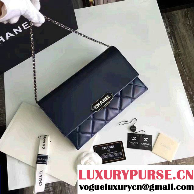 Chanel Lambskin Retro Label Chain Clutch Bag A93625 Navy Blue 2016