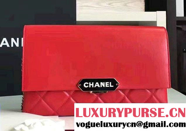 Chanel Lambskin Retro Label Chain Clutch Bag A93625 Red 2016