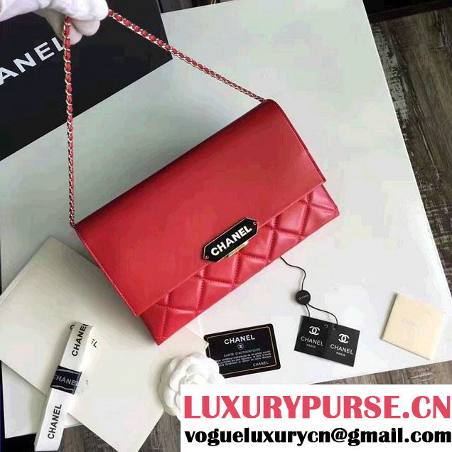 Chanel Lambskin Retro Label Chain Clutch Bag A93625 Red 2016