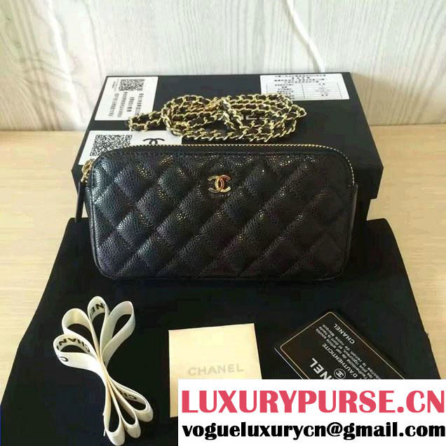 Chanel Double Zipped Small Clutch Chian Bag A82527 Grained Calfskin Black/Gold 2016