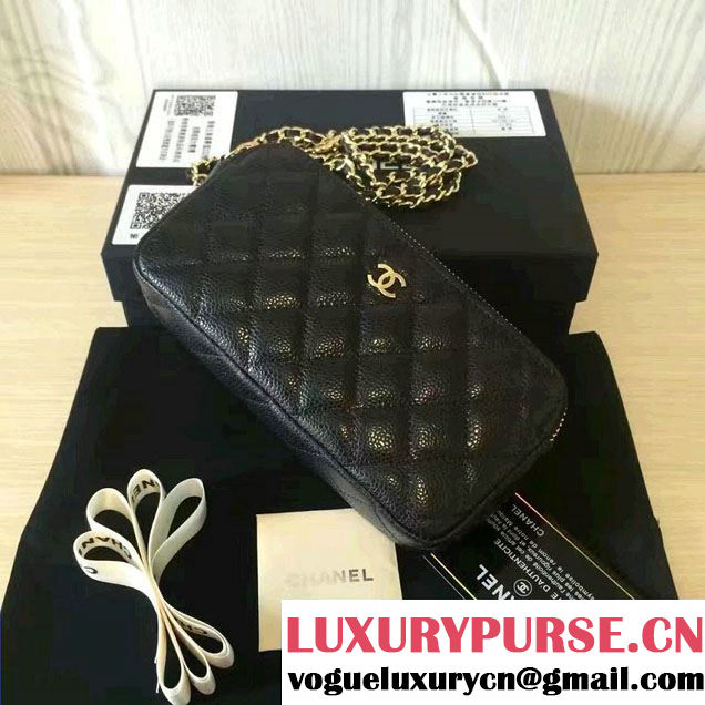 Chanel Double Zipped Small Clutch Chian Bag A82527 Grained Calfskin Black/Gold 2016