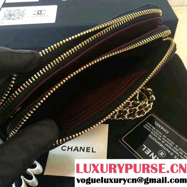 Chanel Double Zipped Small Clutch Chian Bag A82527 Grained Calfskin Black/Gold 2016