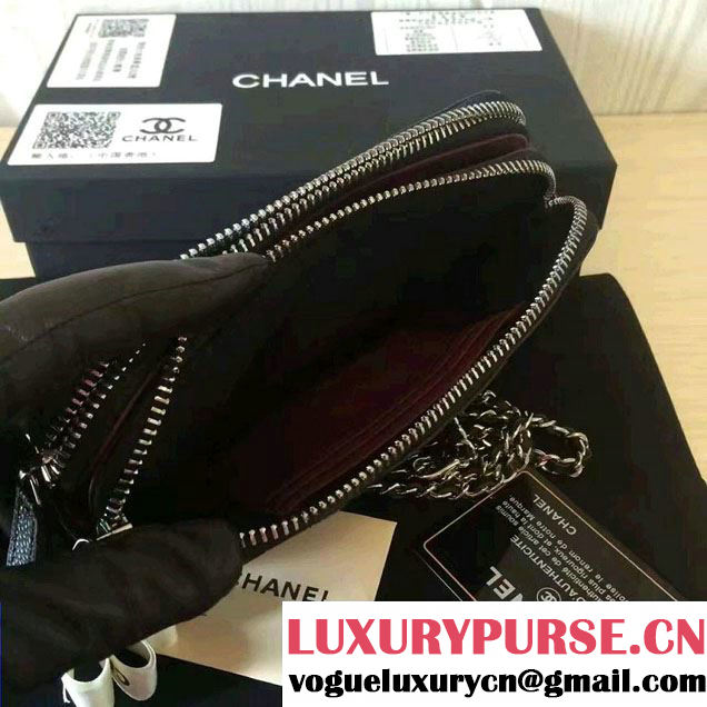 Chanel Double Zipped Small Clutch Chian Bag A82527 Grained Calfskin Black/Silver 2016