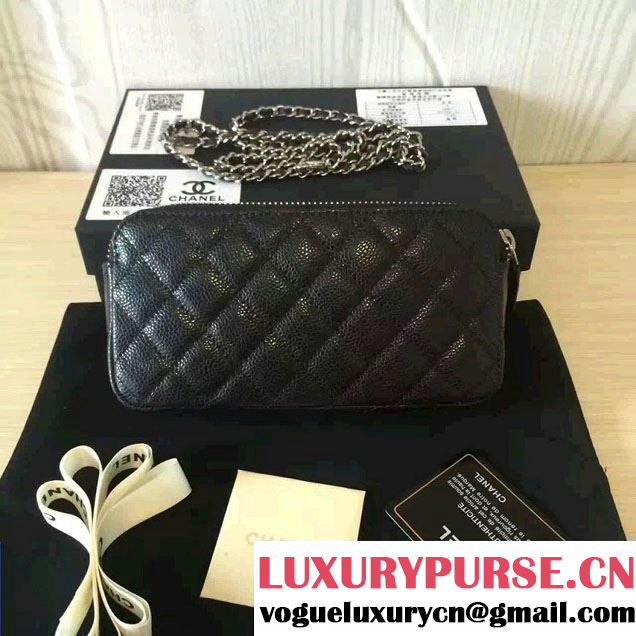 Chanel Double Zipped Small Clutch Chian Bag A82527 Grained Calfskin Black/Silver 2016