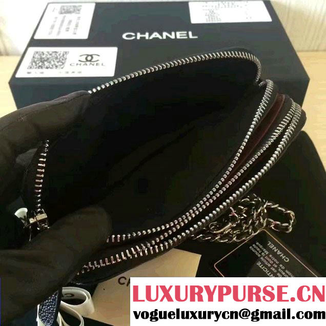 Chanel Double Zipped Small Clutch Chian Bag A82527 Grained Calfskin Black/Silver 2016