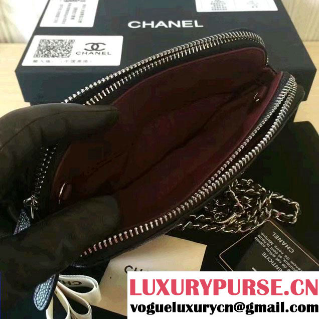 Chanel Double Zipped Small Clutch Chian Bag A82527 Grained Calfskin Black/Silver 2016
