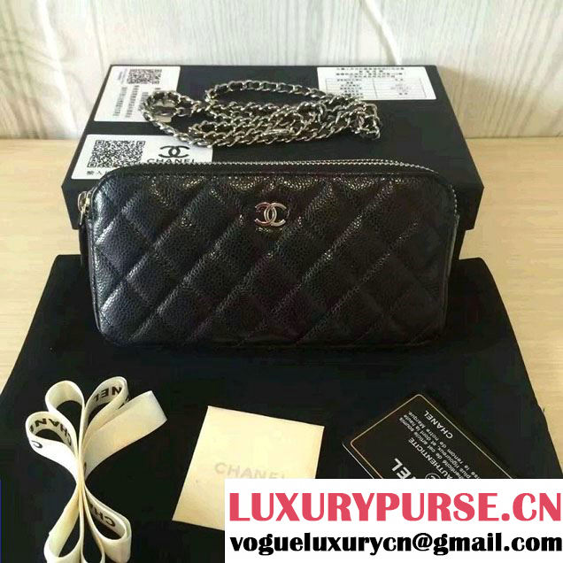 Chanel Double Zipped Small Clutch Chian Bag A82527 Grained Calfskin Black/Silver 2016