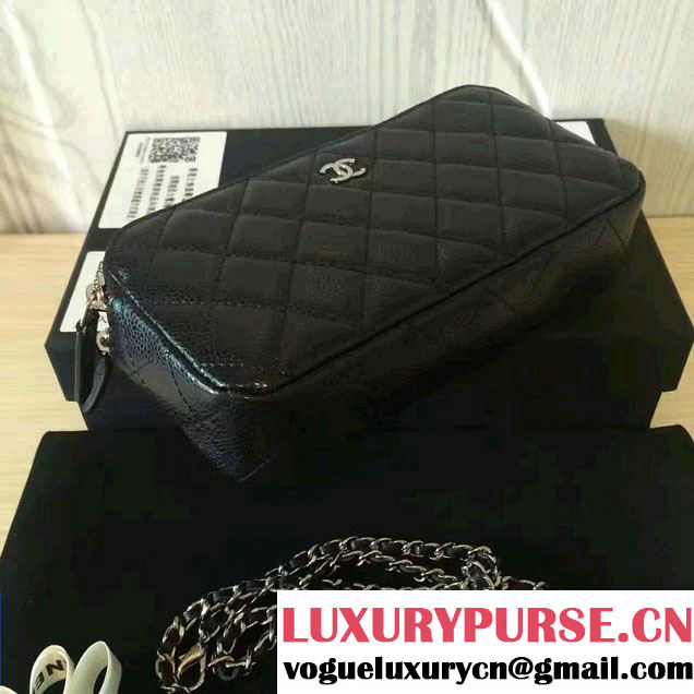 Chanel Double Zipped Small Clutch Chian Bag A82527 Grained Calfskin Black/Silver 2016