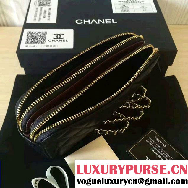 Chanel Double Zipped Small Clutch Chian Bag A82527 Lambskin Black/Gold 2016