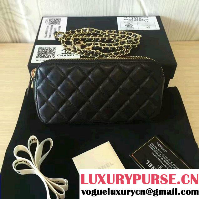 Chanel Double Zipped Small Clutch Chian Bag A82527 Lambskin Black/Gold 2016