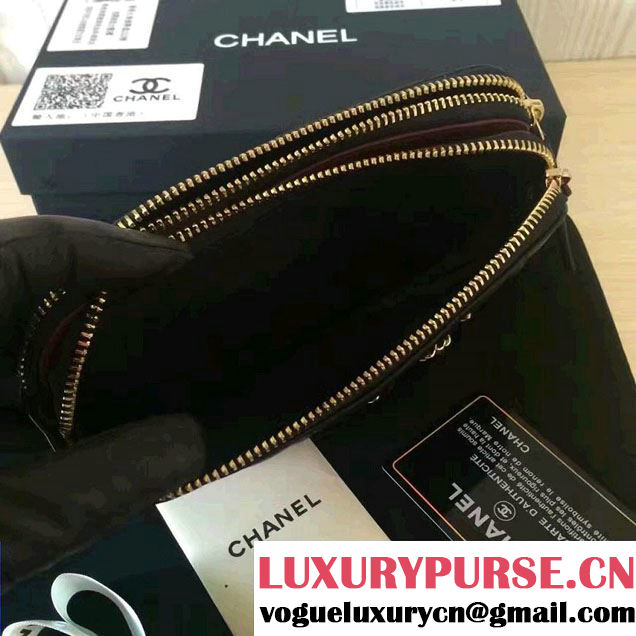 Chanel Double Zipped Small Clutch Chian Bag A82527 Lambskin Black/Gold 2016
