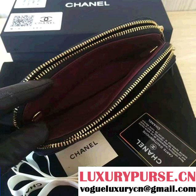 Chanel Double Zipped Small Clutch Chian Bag A82527 Lambskin Black/Gold 2016