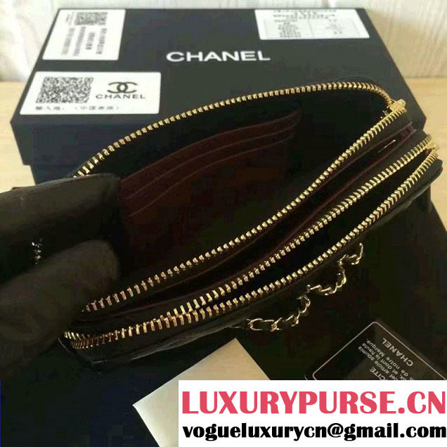 Chanel Double Zipped Small Clutch Chian Bag A82527 Lambskin Black/Gold 2016