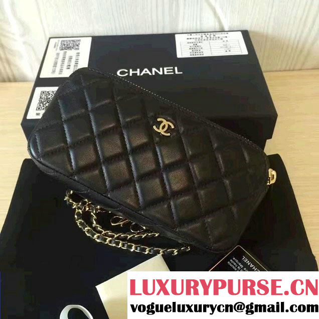 Chanel Double Zipped Small Clutch Chian Bag A82527 Lambskin Black/Gold 2016