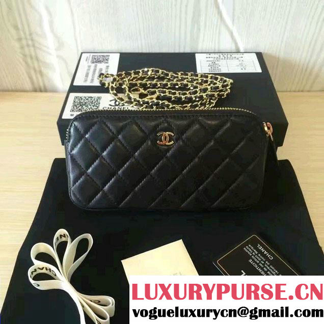Chanel Double Zipped Small Clutch Chian Bag A82527 Lambskin Black/Gold 2016
