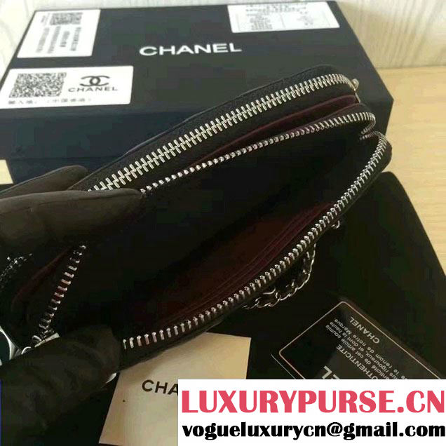 Chanel Double Zipped Small Clutch Chian Bag A82527 Lambskin Black/Silver 2016