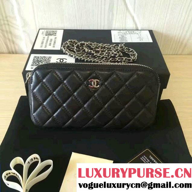 Chanel Double Zipped Small Clutch Chian Bag A82527 Lambskin Black/Silver 2016