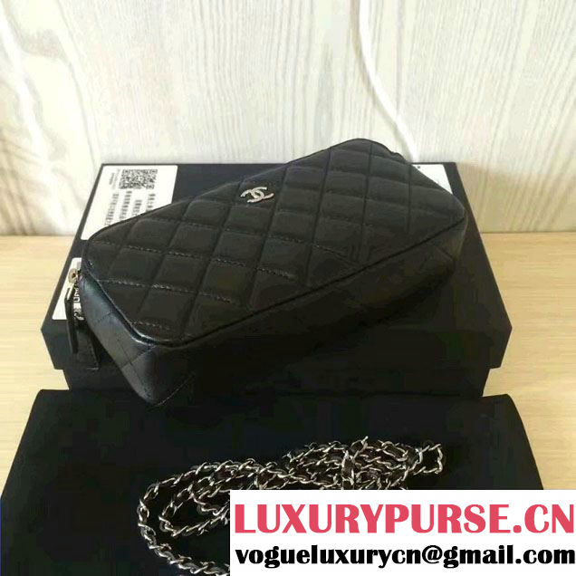 Chanel Double Zipped Small Clutch Chian Bag A82527 Lambskin Black/Silver 2016