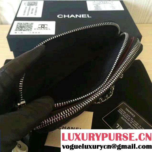 Chanel Double Zipped Small Clutch Chian Bag A82527 Lambskin Black/Silver 2016