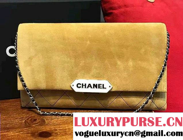 Chanel Suede Calfskin Retro Label Chain Clutch Bag A93625 Beige 2016