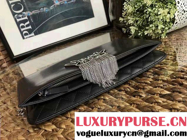 Chanel Lambskin and Chain Fringe Strass Clutch Bag A91250 Black 2016