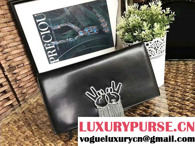 Chanel Lambskin and Chain Fringe Strass Clutch Bag A91250 Black 2016