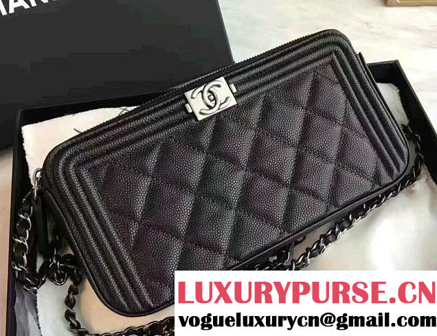 Chanel Grained Calfskin Boy Double Zipped Small Clutch Chain Phone Holder Bag A84069 Black 2016