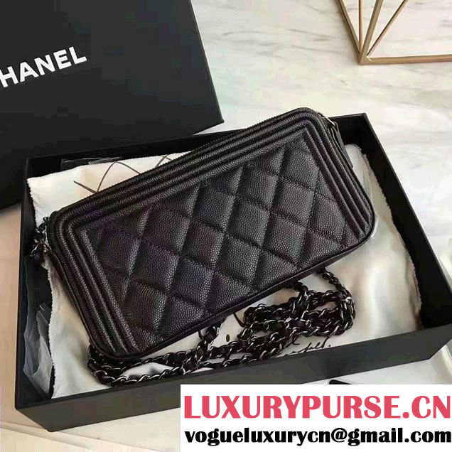 Chanel Grained Calfskin Boy Double Zipped Small Clutch Chain Phone Holder Bag A84069 Black 2016