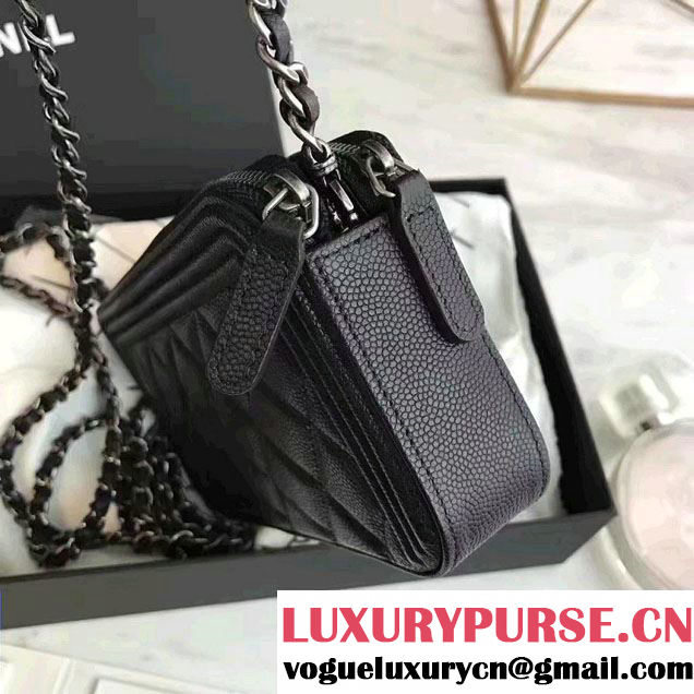 Chanel Grained Calfskin Boy Double Zipped Small Clutch Chain Phone Holder Bag A84069 Black 2016
