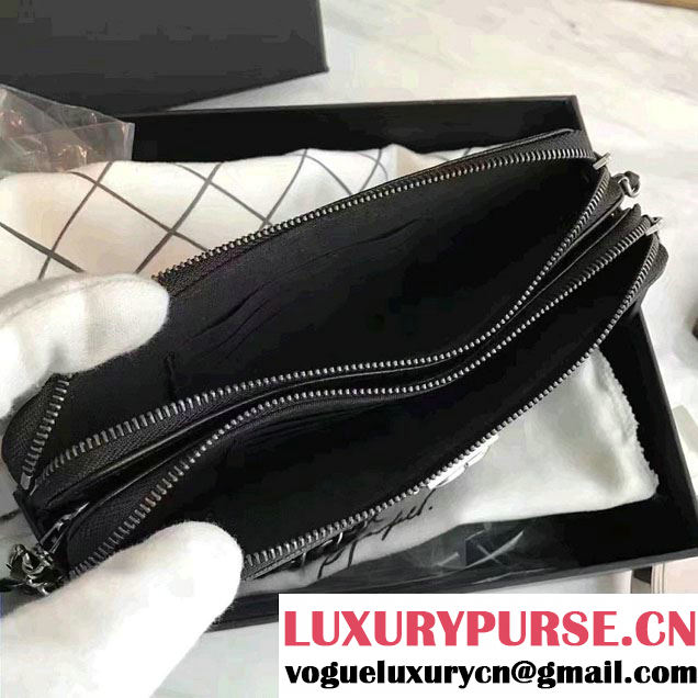 Chanel Grained Calfskin Boy Double Zipped Small Clutch Chain Phone Holder Bag A84069 Black 2016