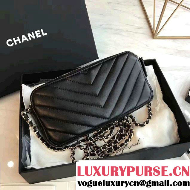 Chanel Chevron Double Zipped Small Clutch Chain Bag A82527 Black 2017