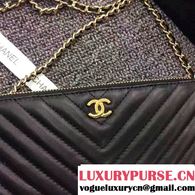 Chanel Chevron Double Zipped Small Clutch Chain Bag A82527 Black/Gold 2017