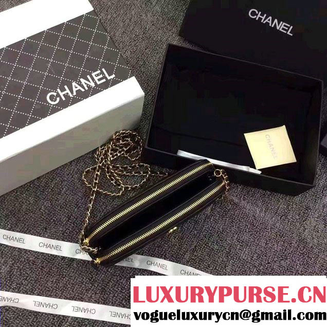 Chanel Chevron Double Zipped Small Clutch Chain Bag A82527 Black/Gold 2017
