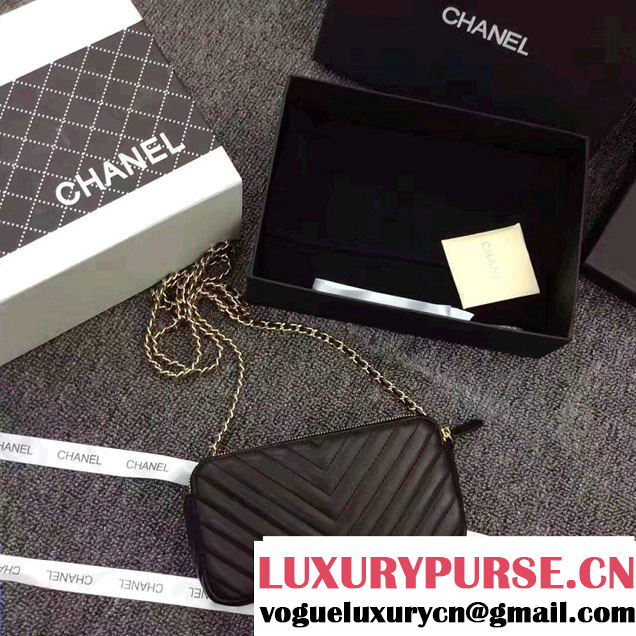 Chanel Chevron Double Zipped Small Clutch Chain Bag A82527 Black/Gold 2017