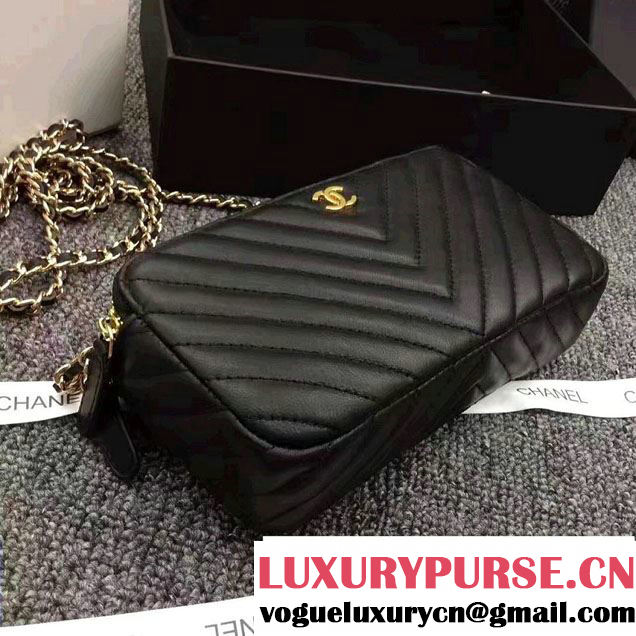 Chanel Chevron Double Zipped Small Clutch Chain Bag A82527 Black/Gold 2017