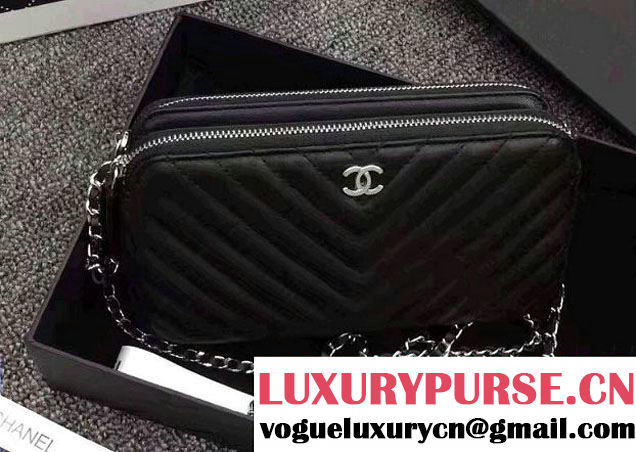 Chanel Chevron Double Zipped Small Clutch Chain Bag A82527 Black/Silver 2017