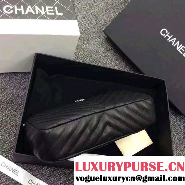 Chanel Chevron Double Zipped Small Clutch Chain Bag A82527 Black/Silver 2017