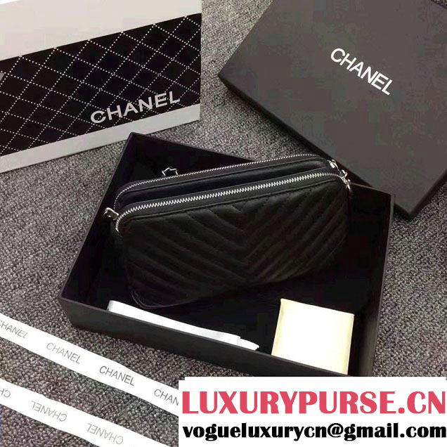 Chanel Chevron Double Zipped Small Clutch Chain Bag A82527 Black/Silver 2017