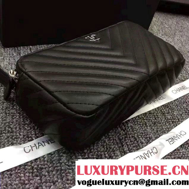 Chanel Chevron Double Zipped Small Clutch Chain Bag A82527 Black/Silver 2017