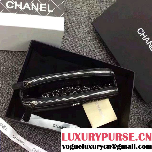 Chanel Chevron Double Zipped Small Clutch Chain Bag A82527 Black/Silver 2017