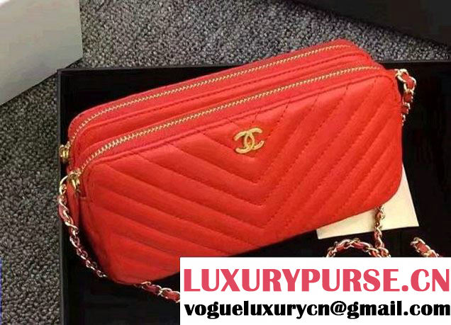 Chanel Chevron Double Zipped Small Clutch Chain Bag A82527 Red/Gold 2017