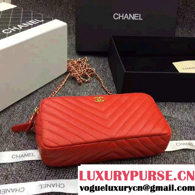 Chanel Chevron Double Zipped Small Clutch Chain Bag A82527 Red/Gold 2017