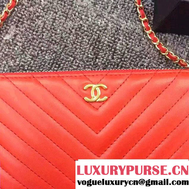 Chanel Chevron Double Zipped Small Clutch Chain Bag A82527 Red/Gold 2017